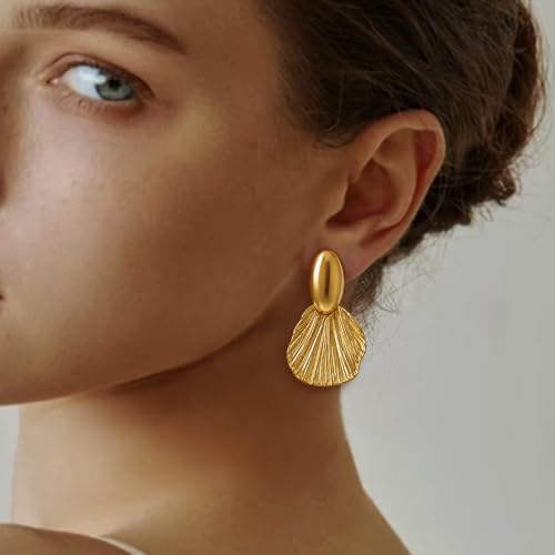 OGD Chunky Gold Statement Earrings For Women Trendy Gold Plated Sectored Flower Leaf Angel Wing Earrings Large Stud Jewlery Hypoallergenic - color: Shell-Gold