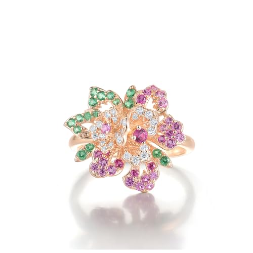 Santuzza Sterling Silver Gemstone Flower Ring for Women - color: [A]Double Peony-Pink