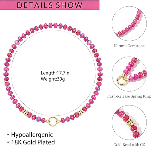 Beaded Necklaces for Women Boho Colorful Bead Choker Necklace Natural Gemstone Handmade Summer Beach Layering Necklace Jewelry Gift for Women - color: Rose Pink