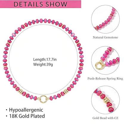 Beaded Necklaces for Women Boho Colorful Bead Choker Necklace Natural Gemstone Handmade Summer Beach Layering Necklace Jewelry Gift for Women - color: Rose Pink