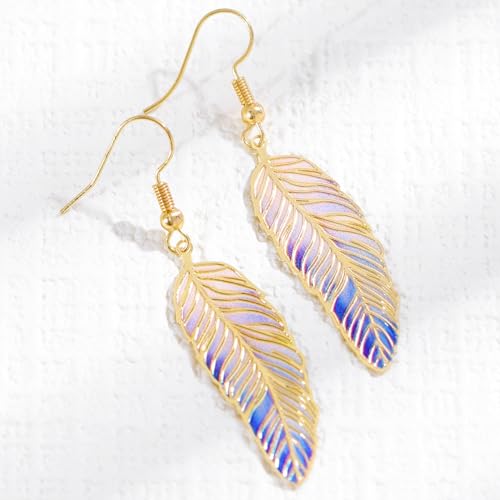 Bohemian Colorful Feather Drop Earrings for Women,Fashion Gradient Leaf Danging Earring Lightweight Hook Shaped Statement Jewelry - color: color A