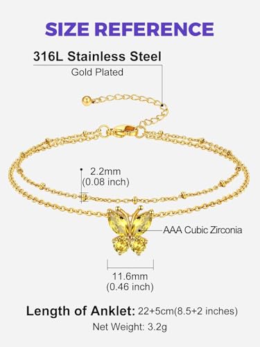 Richsteel Double Layer Heart/Butterfly Birthstone Anklet for Women | Non Tarnish Waterproof, Silver/Gold/Black Stainless Steel 8.5-10.5 Inch Adjustable Chain Anklets Summer Beach Foot Jewelry - color: Gold Butterfly-11 Nov.(Yellow Topaz)