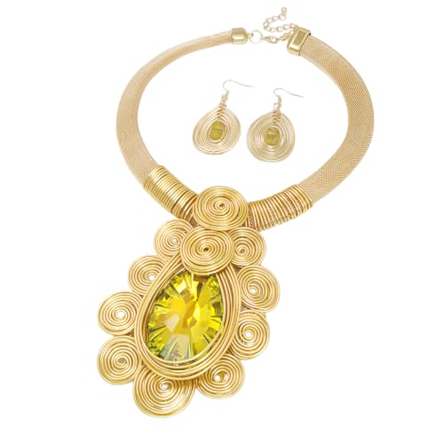 African Jewelry Sets Statement Big Crystal Pendent Necklace Earrings Set For Women Handmade Bib Collar Costume Tribal Fashion Accessories - color: KDLUN5305 Gold
