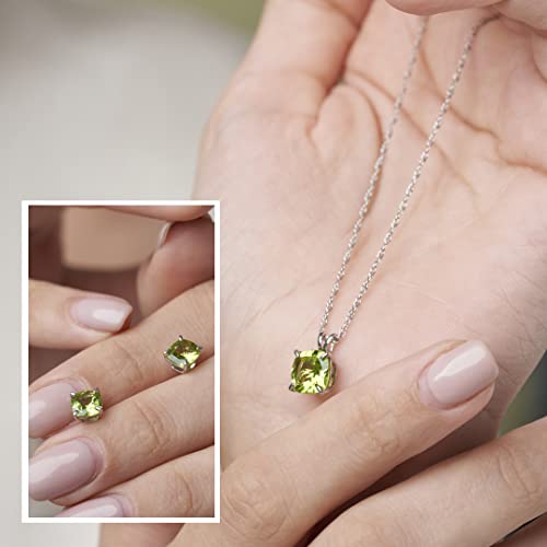 MAX + STONE 14k Gold Plated or Sterling Silver Cushion Cut Gemstone Stud Earrings and Pendant Necklace for Women with 6mm and 8mm Birthstones 18 Inch Chain and Push Backs Jewelry Set - style: Sterling Silver|Genuine Peridot