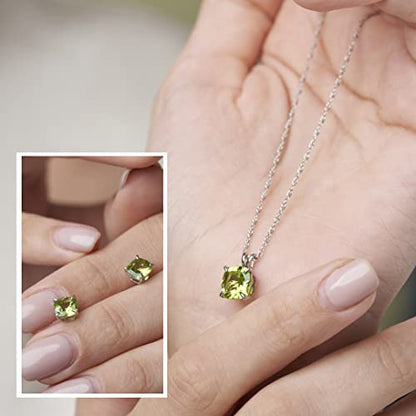 MAX + STONE 14k Gold Plated or Sterling Silver Cushion Cut Gemstone Stud Earrings and Pendant Necklace for Women with 6mm and 8mm Birthstones 18 Inch Chain and Push Backs Jewelry Set - style: Sterling Silver|Genuine Peridot