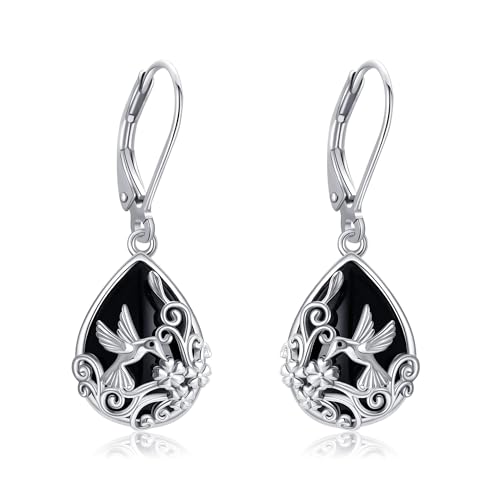 Black Onyx Earrings 925 Sterling Silver Black Onyx Dangle Drop Earrings Filigree Jewelry Gift for Women Girls - style: Hummingbird