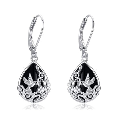 Black Onyx Earrings 925 Sterling Silver Black Onyx Dangle Drop Earrings Filigree Jewelry Gift for Women Girls - style: Hummingbird