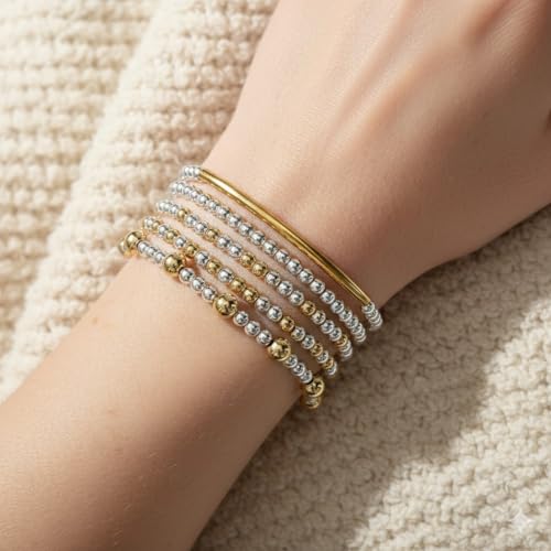 14K Gold Plated Beaded Bracelets Stack Set for Women,Stretch Boho Ball Jewelry Friendship Trendy - color: Gold silver