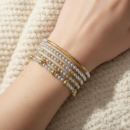 14K Gold Plated Beaded Bracelets Stack Set for Women,Stretch Boho Ball Jewelry Friendship Trendy - color: Gold silver