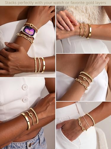 Gokeey Gold Bracelets Set for Women Non Tarnish, Waterproof 14K Gold Plated Sterling Silver Chunky Cuff Bracelet Stackable Gold Bangles Bracelet for Women Trendy Fashion Accessories Tie Knot Cuban Rope Paperclip Beaded Bracelet Stack Jewelry Mothers Day G
