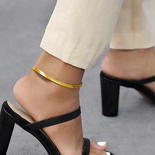 Adjustbale Link Chain Anklet for Women Summer Jewelry, 316L Stainless Steel Figaro/Wheat/Twist Rope/Cuban Foot Bracelet-Waterproof, Resizable 9"-12" (Gift Box Included) - color: 6, Herringbone - Gold-5mm