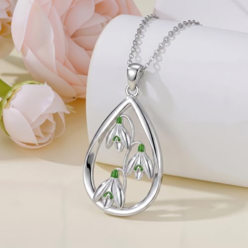 12 Month Birth Flower Necklace for Women 925 Sterling Silver Floral Teardrop Pendant Birthday Jewelry Gifts - color: 01. January Snowdrop