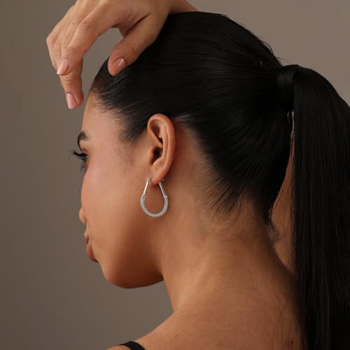 LeCalla 925 Sterling Silver Hoop Earrings for Women | Italian Design Classic Diamond-Cut Textured Hoops Earring | Women's Oval Drop Shape Silver Earring Jewelry - color: Large Zirconia