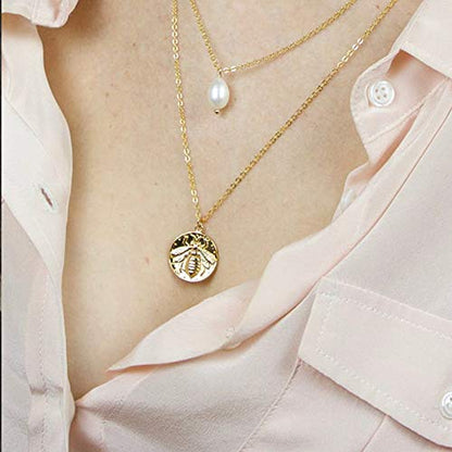 Turandoss Gold Layered Necklaces for Women - 14K Gold Plated Handmade Multilayer Bar Pearls Coin Disc Moon Butterfly Medallion Adjustable Dainty Layered Choker Necklaces for Women Jewelry - style: 2PCS - Small Bee&Big Bee