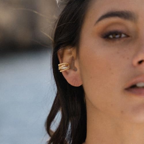Gold Ear Cuff Earring for Women 14K Gold Plated Cubic Zirconia Non-Pierced Clip on Cartilage Chunky Ear Cuffs Hypoallergenic Jewelry - style: x rope