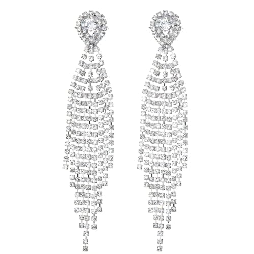 1 Pair Silver Diamond Dangle Earrings,Long Tassel Rhinestone Earrings,Crystal Wedding Earrings Accessories for Women and Brides(Silver)