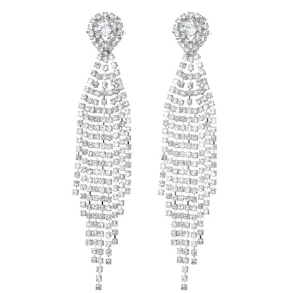 1 Pair Silver Diamond Dangle Earrings,Long Tassel Rhinestone Earrings,Crystal Wedding Earrings Accessories for Women and Brides(Silver)