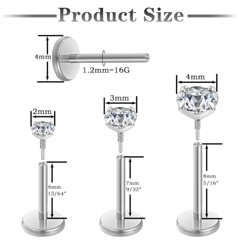 Gotumo 20G 18G 16G Flat Back Earrings Stud Nose Ring Titanium Internal Thread Tragus Labret Cartilage Lip Medusa Conch Body Piercing Jewelry Nose Stud Hypoallergenic for Women Men - color: Silver, size: 16G Bar-6/7/8mm & CZ-2/3/4mm