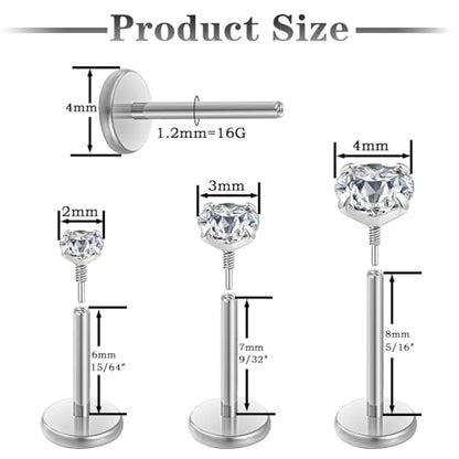 Gotumo 20G 18G 16G Flat Back Earrings Stud Nose Ring Titanium Internal Thread Tragus Labret Cartilage Lip Medusa Conch Body Piercing Jewelry Nose Stud Hypoallergenic for Women Men - color: Silver, size: 16G Bar-6/7/8mm & CZ-2/3/4mm
