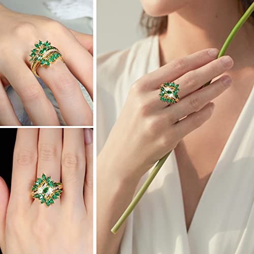 Statement Flower Ring Cocktail Leaf Ring Birthstone Anniversary Signet Ring | Hypoallergenic|14K Gold Plated|Sterling Silver Sparkling Engagement Promise Party Ring for Women, Size 6 to 10(With Box) - color: Leaf - Emerald
