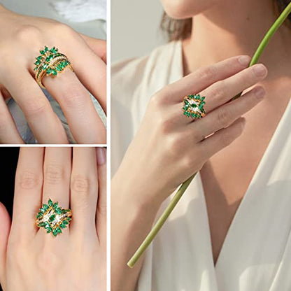 Statement Flower Ring Cocktail Leaf Ring Birthstone Anniversary Signet Ring | Hypoallergenic|14K Gold Plated|Sterling Silver Sparkling Engagement Promise Party Ring for Women, Size 6 to 10(With Box) - color: Leaf - Emerald