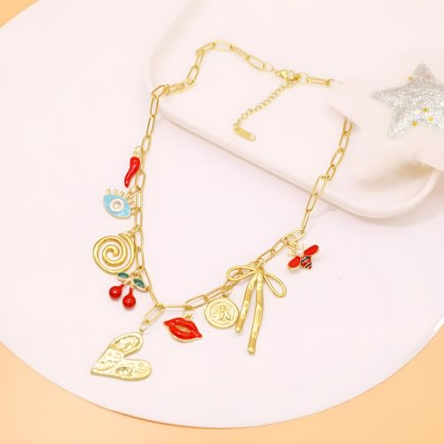 JNF Cute Shell Conch Boho Charm Necklace for Women Sun Moon Star Coin Heart Flower Boot Bow Charms Necklaces Summer Beach Jewelry - color: heart butterfly bow charms
