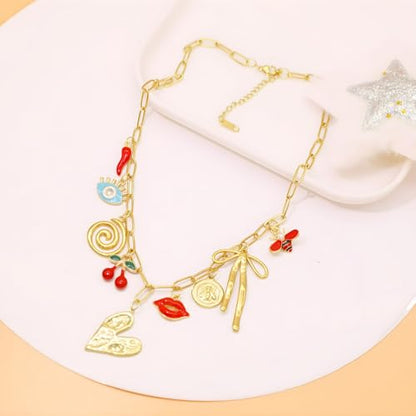 JNF Cute Shell Conch Boho Charm Necklace for Women Sun Moon Star Coin Heart Flower Boot Bow Charms Necklaces Summer Beach Jewelry - color: heart butterfly bow charms