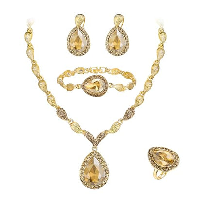 Womens Africa 18k Gold Plated Jewelry Set Crystal Rhinestones Petals Teardrop Cluster Bib Statement Necklace Link Bracelet Dangle Earrings Ring for Prom - color: 07-Champagne Gold-Plated-Base