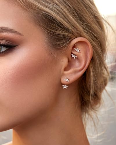 Lotus Rook Piercing Jewelry, 16G Eyebrow Rook Earrings, Stainless Steel Eyebrow Piercing Jewelry,Lobe Earrings 6/8MM - color: WG-6MM