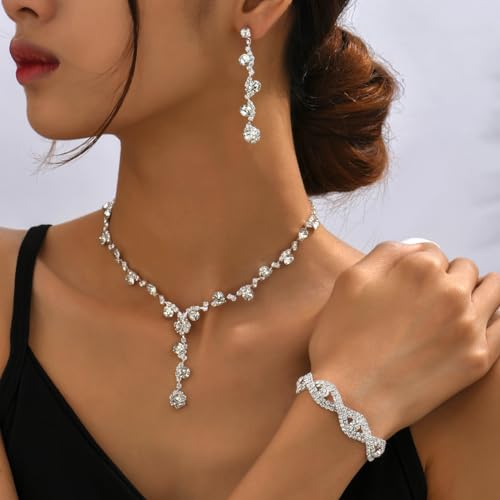 Prom Earrings Necklace Bracelet Set Elegant Crystal Rhinestone Necklace Earrings Bracelet Bridal Wedding Prom Dresses Costume Outfit Gold Jewelry Sets for Women - color: Silver B