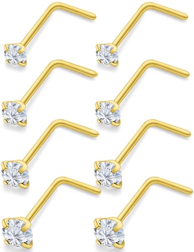 18G 20G 22G 24G Nose Rings Studs 316L Surgical Steel L Shaped Nose Nostril Studs Piercing Jewelry for Women Men Silver Gold Black CZ 1.5mm 2mm 2.5mm 3mm 3.5mm 4mm - style: Gold-24G(0.5mm)-7mm Bars-1.5mm 2mm 2.5mm 3mm CZ