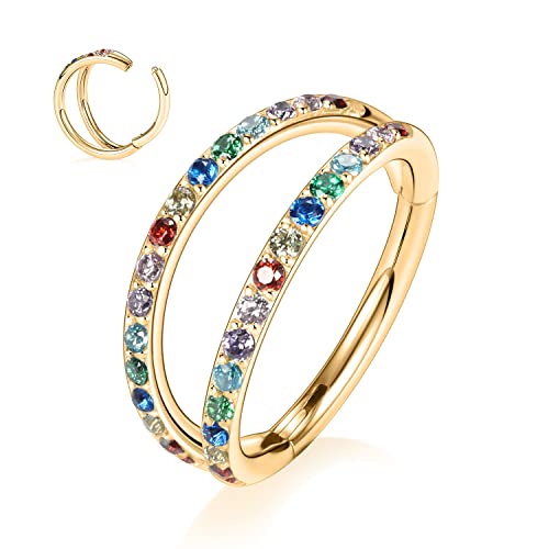 GAGABODY Conch Piercing Double Open Stack with CZ 16 Gauge Hoop Earrings 18g Septum Jewelry 20g Septum Ring Daith Earrings 316L Surgical Steel Lip Rings Helix Rook Cartilage Earrings Hoop - color: Style13:Gold+Double Hoop Rainbow CZ