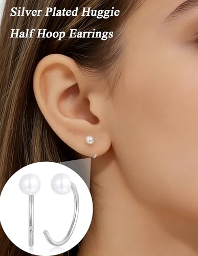 Akeoqi Stay Close Huggie Half Hoop Earrings Stainless Steel Backless Cartilage Helix Small Earring Hoops Pearl Star Heart Colourful CZ Open Huggie Piercing Sleep Friendly Poke Free Gold Silver Plated - color: Silver