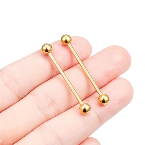 16G 14G Surgical Steel Tongue Rings Nipple Rings Industrial Piercing Jewelry Set Multi Size Straight Barbells 12mm 14mm 16mm 19mm 22mm 28mm 32mm 35mm 38mm 40mm 45mm for Women Men - color: goldtone, size: 14g,bar length 28mm