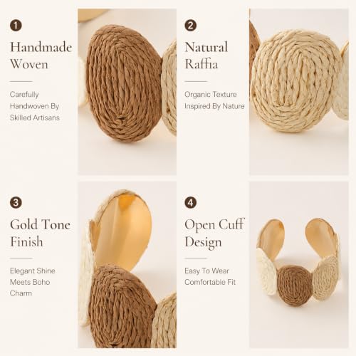 Chunky Boho Woven Bracelet for Women Handmade Raffia Cuff Bracelets Open Bangle Rattan Bracelets Vacation Circle Geometric Bracelet Jewelry Gifts