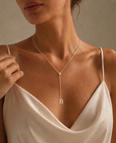 14K Gold Plated Initial Y Necklace for Women,CZ Letter Lariat Necklace | Dainty Long Necklace Y-Shaped Drop Letter Pendant Adjustable 16.5"+2" Long Chain Shiny CZ Trendy Jewelry Gift For Her - color: B