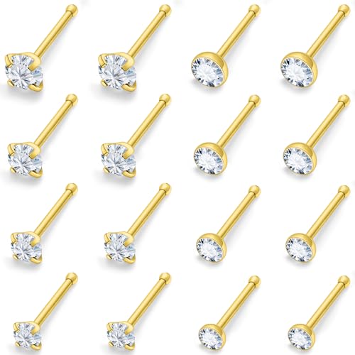 18G 20G 22G Round Cubic Zirconia Nose Rings Studs for Women Men 316L Stainless Surgical Steel Nose Ring Stud Piercing Jewelry Silver Gold Clear CZ 1.5mm 2mm 2.5mm 3mm - style: 24G (Thin) Straight Gold