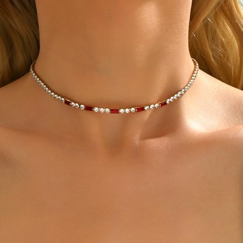 Tennis Necklaces for Women 18K Gold Plated White Red Green Blue Cubic Zirconia Necklaces Dainty Rhinestone Choker Necklaces Trendy Faux Diamond Tennis Chain 3mm - color: Red Tennis Choker-Gold