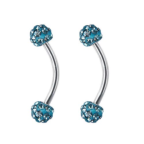 ZS 16 Gauge Eyebrow Rings Curved Barbell 4mm Crystal Ball Belly Button & Nipple Rings - color: Sky blue 2pcs