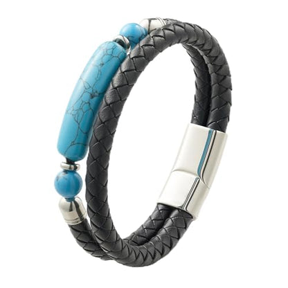 Mens Black Leather Obsidian/Turquoise/Tiger Eye/Red Agate Bracelet–Braided Multi‑Layer Wristband Cuff Bangle Bracelet with Stainless Steel Clasp Gift Jewelry Box Included - color: Style 3: Turquoise, size: 8.3in(Fits most wrists)