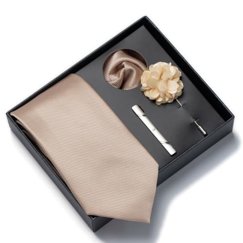 joy alice 30 Colors Solid Ties for Man Pure Color Men's Tie Set with Lapel Pin Pocket Square Tie Clip - color: Champagne Gery