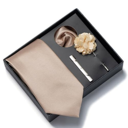 joy alice 30 Colors Solid Ties for Man Pure Color Men's Tie Set with Lapel Pin Pocket Square Tie Clip - color: Champagne Gery