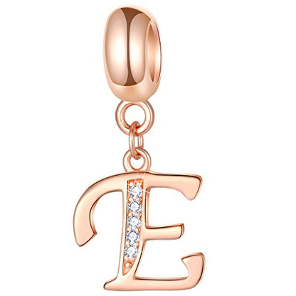 EMOSTAR Letter Charms Initial A-Z Alphabet Beads, Rose Gold 925 Sterling Silver Dangle CZ Birthstone Pendant, Gifts for European Charm Bracelet/Mothers Day/Birthday - color: Letter E