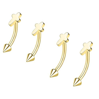 ZS 2 Pairs Stainless Steel Eyebrow Rings, 16G Curved Belly Rings Navel Barbell Helix Daith Tragus Earrings, 8/10mm Spike Vertical Labret Lip Piercing Jewelry - color: Gold,Cross-L:8/10mm