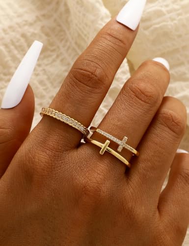 iF YOU Non Tarnish Chunky Gold Rings for Women, 14K Gold Plated Dainty Stackable Cross Cubic Zirconia Ring Set, Knuckle Stacking Pinky Thumb Ring Statement Wedding Bands Jewelry Size 4.5-10 - color: Gold-diamond cross
