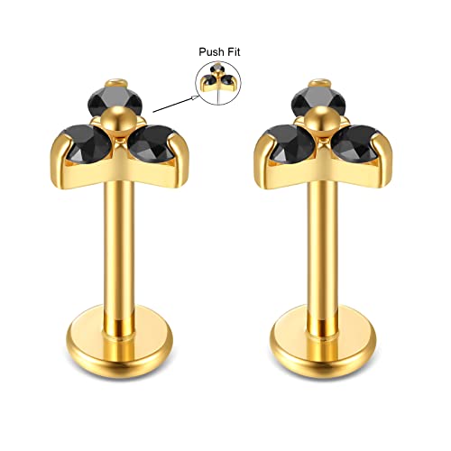 BelezaDosas G23 Titanium Labret Studs 16G Threadless Push-in Press Fit Lip Cluster Tragus Helix Lobe Conch Rook Medusa Cartilage Monroe Earring Push Back Piercing Jewelry - color: 16g8mm tri gd bk