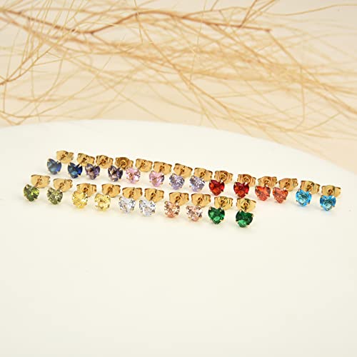 12 Pairs 18K Gold Plated Surgical Stainless Steel Stud Earrings, Star Heart Square Stud Earring for Women, Cubic Zirconia Birthstone Stud Earrings Set - color: Gold heart 4mm