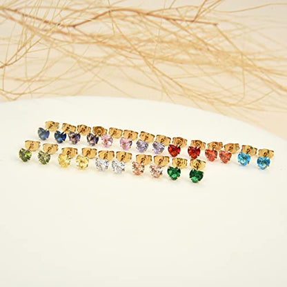 12 Pairs 18K Gold Plated Surgical Stainless Steel Stud Earrings, Star Heart Square Stud Earring for Women, Cubic Zirconia Birthstone Stud Earrings Set - color: Gold heart 5mm