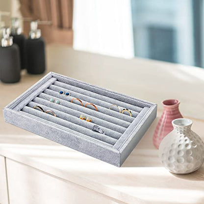 Estink Jewelry Display Tray 9" Velvet Ring Earrings Holder Organizer | Soft lining, 7-slot insert for rings, compact 9x6 inch vanity , ideal for or drawer storage