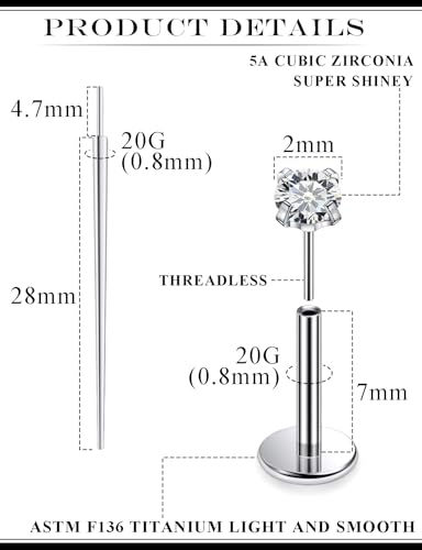 20G 18G 16G F136 Titanium Threadless Flat Back Earrings Nose Studs Tragus Forward Helix Conch Cartilage Lobe Earrings Medusa Labret Snake Bite Monroe Lip Ring Piercing Jewelry For Women Men - size: 20G-7MM Bar-CZ 2MM